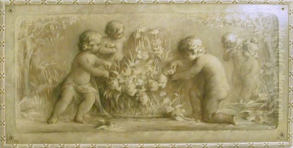 Putti playing with flowers near a pond - view 1