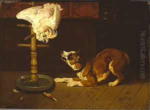 Een hond blaft tegen een kakatoe