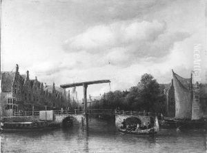 Een ophaalbrug over een stadsgracht by Anthonie Waldorp