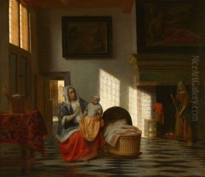 Binnenhuis met moeder en kind, 'Moedervreugd'-Interior with mother and child by Pieter De Hooch