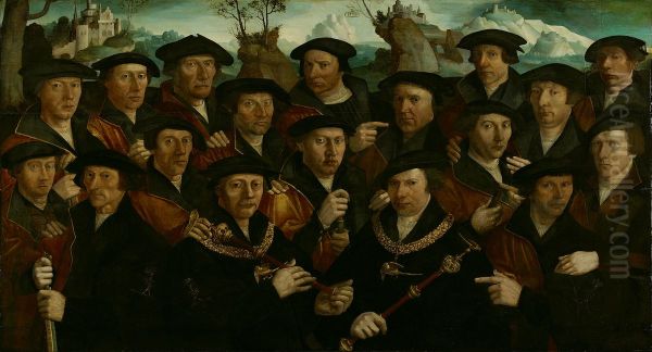 Rot van de kloveniers met twee schutterskoningen-Schuttersstuk met achttien figuren-Squad of the Arquebusiers with two champions - view 1