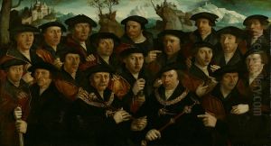 Rot van de kloveniers met twee schutterskoningen-Schuttersstuk met achttien figuren-Squad of the Arquebusiers with two champions