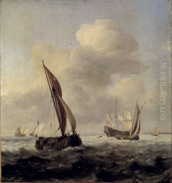 Schepen voor de kust bij straffe wind-Woelend water-Vissersboten en een oorlogsschip in woelige zee-Ships off the coast - view 1