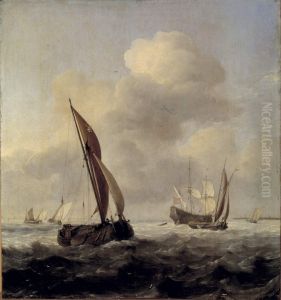 Schepen voor de kust bij straffe wind-Woelend water-Vissersboten en een oorlogsschip in woelige zee-Ships off the coast by Willem van de Velde the Younger