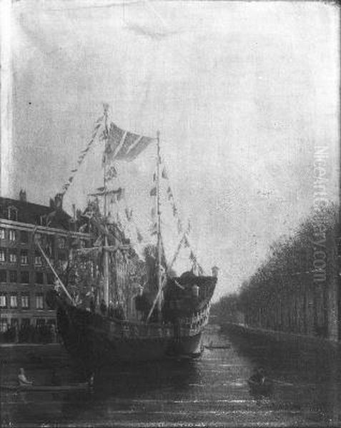 Het feestvaartuig "de galjoot" in de bocht van de Herengracht - view 1