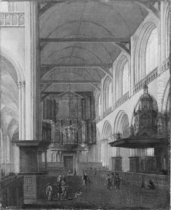 Het interieur van het schip van de Nieuwe Kerk naar het westen gezien by Isaak van Nickelen