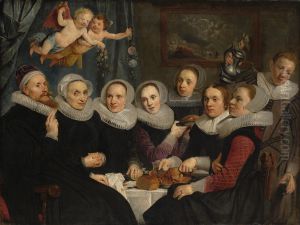 Theodorus Schrevelius en zijn gezin aan tafel by Pieter de Grebber