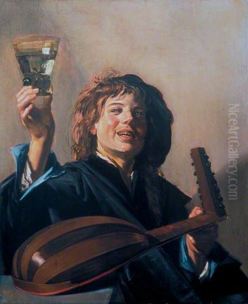 Lute player holding a wine glass - view 1
