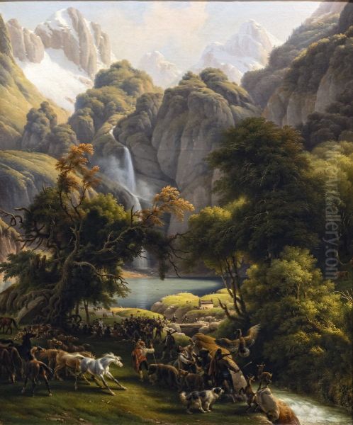 The bear hunt for the waterfall of Lake Oo, near Bagneres-de-LuchonFrancais:La Chasse a l'ours vers la cascade du lac d'Oo, pres de Bagneres-de-LuchonItaliano:La caccia all'orso, per la cascata del lago Oo, nei pressi di Bagneres-de-Luchon - view 1