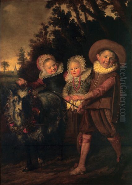 Three childeren with a goat-cart. - view 1