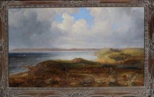 A Panoramic View Of An Estuary With Figures In The Foreground And Hilltop Farms In The Distance by John Wilson Carmichael