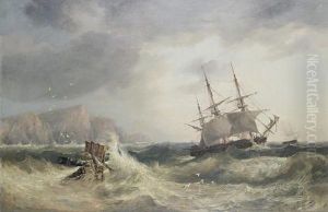 A Three-masted Merchantman Reefed Down In Heavy Seas Off A Rocky Shore by John Wilson Carmichael