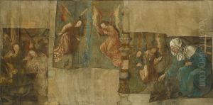 De vrouw gooit het braaksel en het vuur; wierooktoezwaaiende engelen; De vrouw pakt de hostie uit het vuur-The miracle of Amsterdam by Jacob Cornelisz Van Oostsanen