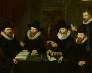 De regenten van het Rasphuis-Vier regenten en een functionaris van het Rasphuis-Vier regenten en de bode van het Rasphuis-The Governors of the House of Correction,