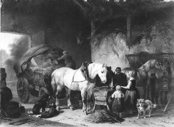 Een vrachtwagen en enige paarden in een stal - view 1