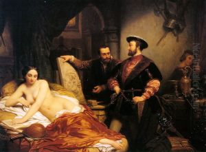 Frans I op bezoek in de werkplaats van Benvenuto Cellini, terwijl deze naar een vrouwelijk model werkt