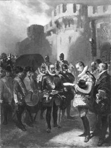 Anno 1597. Prins Maurits geeft het lijk van Varax na de slag bij Turnhout vrij