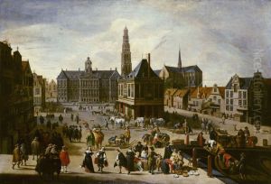 De Dam met het Stadhuis, de Waag, de Nieuwe Kerk met toren en Damrak by Jacob Van Der Ulft