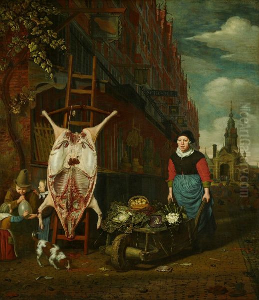Het varken op de leer met gezicht op de Haarlemmerpoort-The Haarlemmerdijk with a pig on a stepladder - view 1