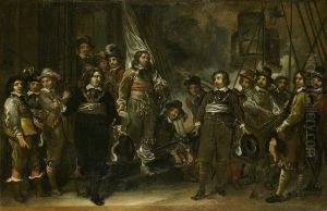 Schets voor een schuttersstuk-Viering van de Vrede van Munster door de schutterij van Jan Huydecoper (voorstudie)-Sketch for a Civic Guard group portrait by Govert Flinck