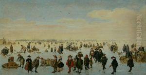 IJsvermaak op het IJ voor Amsterdam-Gezicht op Amsterdam vanaf het bevroren IJ met talrijke figuren-Frolicking on the ice on the IJ by Arent Arentsz