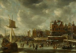 Het IJ bij de Nieuwe Brug in de winter, gezien naar het oosten