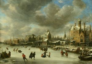 The Paalhuis and the Nieuwe Brug in winter by Jan Abrahamsz Beerstraaten