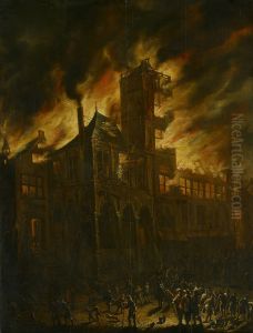 De brand van het oude stadhuis op de Dam (7 juli 1652) by Cornelis de Bie