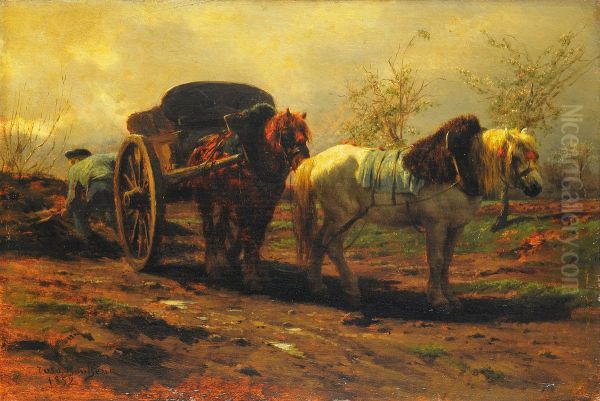 Twee paarden voor een kar - view 1