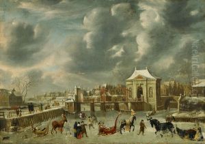 Stadsgracht met Heiligewegspoort in de winter-Stadsgracht met Heiligewegspoort, gezien van de zijde van de Herengracht-Heiligewegspoort in winter by Jan Abrahamsz Beerstraaten