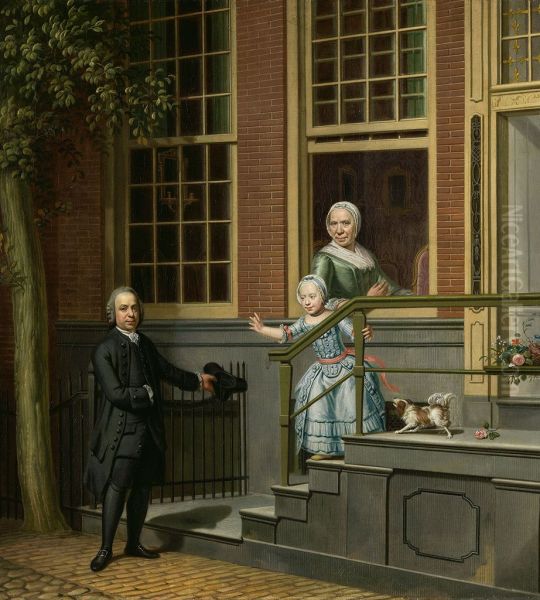 Jan de Groot (1733-1801) en zijn familie-Jan de Groot with his daughter and mother in front of his house - view 1