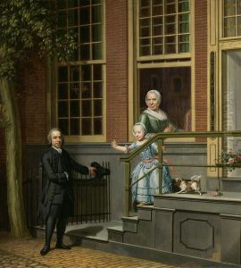 Jan de Groot (1733-1801) en zijn familie-Jan de Groot with his daughter and mother in front of his house by Hendrik Pothoven