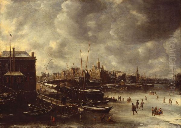 Het IJ bij de Nieuwe Brug in de winter, gezien naar het westen - view 1
