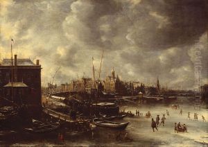 Het IJ bij de Nieuwe Brug in de winter, gezien naar het westen