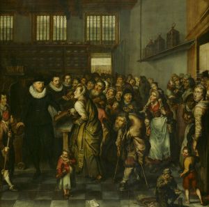 Uitdeling van brood in het Aalmoezeniershuis-Distributing Bread in the Almshouse by Werner van den Valckert