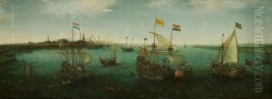 Het IJ vanuit het oosten-Het IJ naar het westen gezien met rechts het profiel van de stad-The IJ to the West by Hendrick Cornelisz Vroom