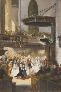 1793, huwelijksplechtigheid echtpaar Wurfbain-Hurrelbrinck in de Waalse Kerk te Amsterdam by Nicolaas Pieneman