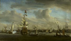 De Gouden Leeuw op het IJ voor Amsterdam by Willem van de Velde the Younger