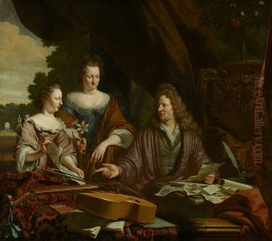 David (1654-1729), Agneta (ca. 1658-1719) en hun dochter Catherina (1683-1729) de Neufville by Michiel van Musscher