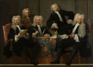 De regenten van het Oude Mannen- en Vrouwengasthuis-Vier regenten en de binnenvader van het Oude Mannen- en Vrouwengasthuis by Jan Maurits Quinkhard