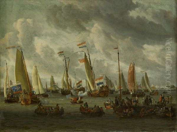 A mock sea battle on the IJ, in honour of the Russian ambassadors-Mock battle on the IJ on the occasion of Czar Peter the Great's visit, 1 September 1697 - view 1