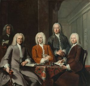 De regenten van het Oudezijds Huiszittenhuis-Vier regenten en de binnenvader van het Oudezijds Huiszittenhuis by Cornelis Troost