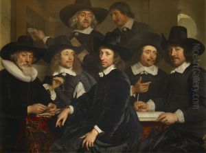 De regenten van het Oudezijds Huiszittenhuis-Zes regenten en de binnenvader van het Oudezijds Huiszittenhuis-Zes regenten en een bode