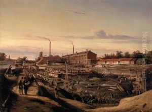 The construction of two gasholders for the Hollandsche Gazfabriek on the Schans by Cornelis Springer