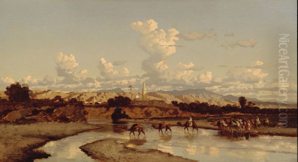 In een oosters landschap trekt een karavaan door een rivier-"In een Oostersch landschap tegen den avond, trekt eene karavaan door eene rivier" - view 1