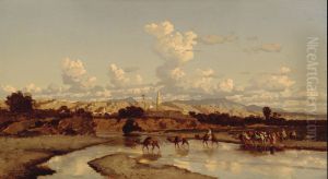 In een oosters landschap trekt een karavaan door een rivier-"In een Oostersch landschap tegen den avond, trekt eene karavaan door eene rivier" by Prosper Marilhat