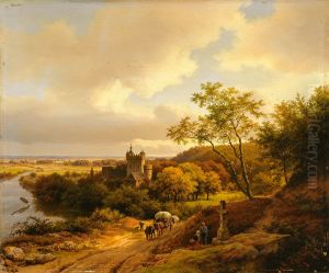Een kasteel tussen bomen aan een rivier Een kasteel tussen bomen aan een rivier