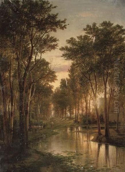 Cattle Watering By The River's Edge At Dusk - view 1
