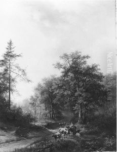 Boeren met rundvee bij een water aan de ingang van een bos by Barend Cornelis Koekkoek