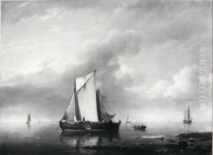 Voor anker liggende vissersschepen bij een strand by Hermanus Koekkoek
